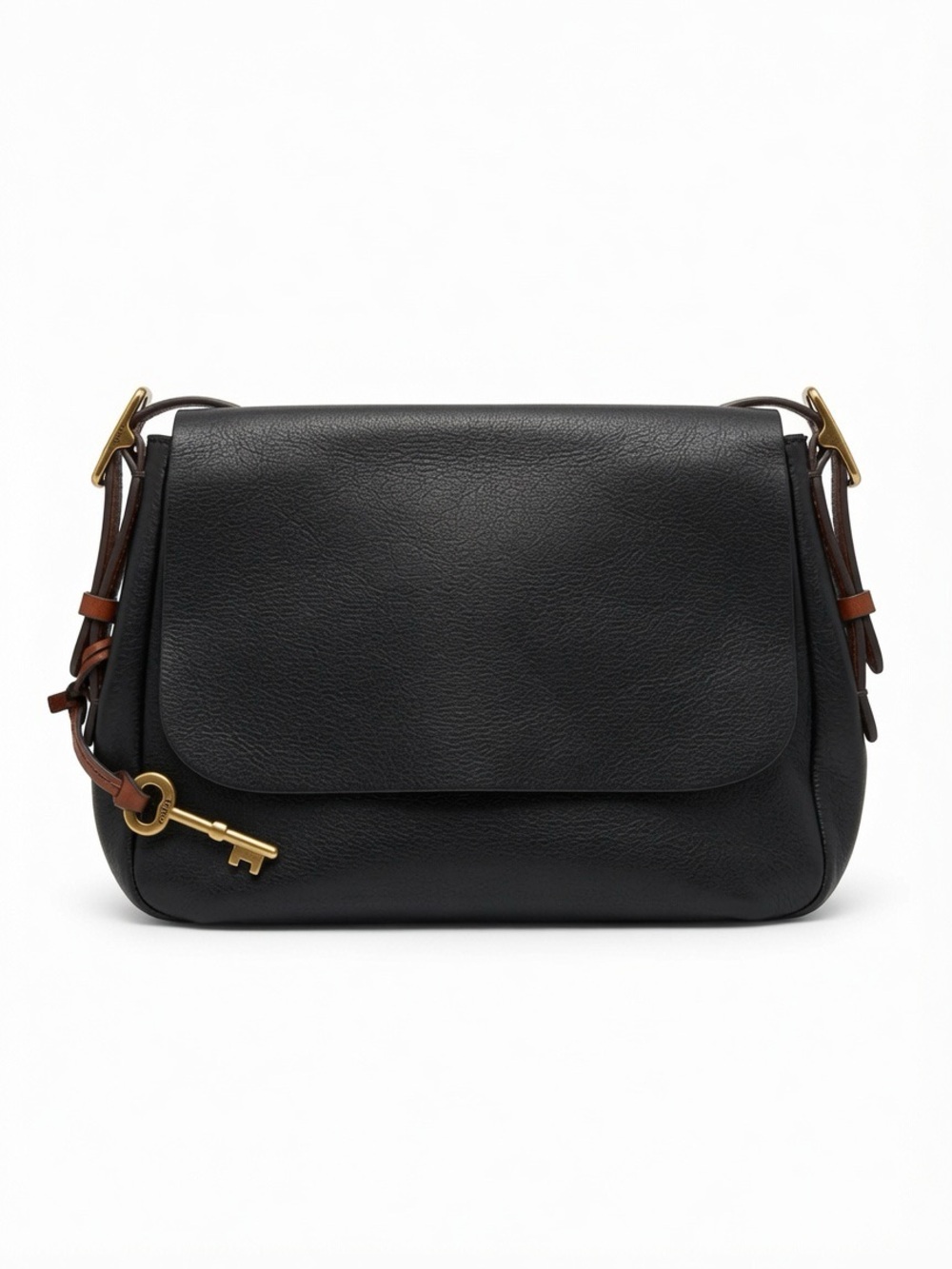 Fossil Black Soft Leather Crossbody Bag Gold Key Charm